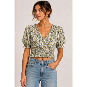 Smocked Cropped Blouse Puffed Sleeve Floral Print V-Neck Sz S Boho‎ Peasant